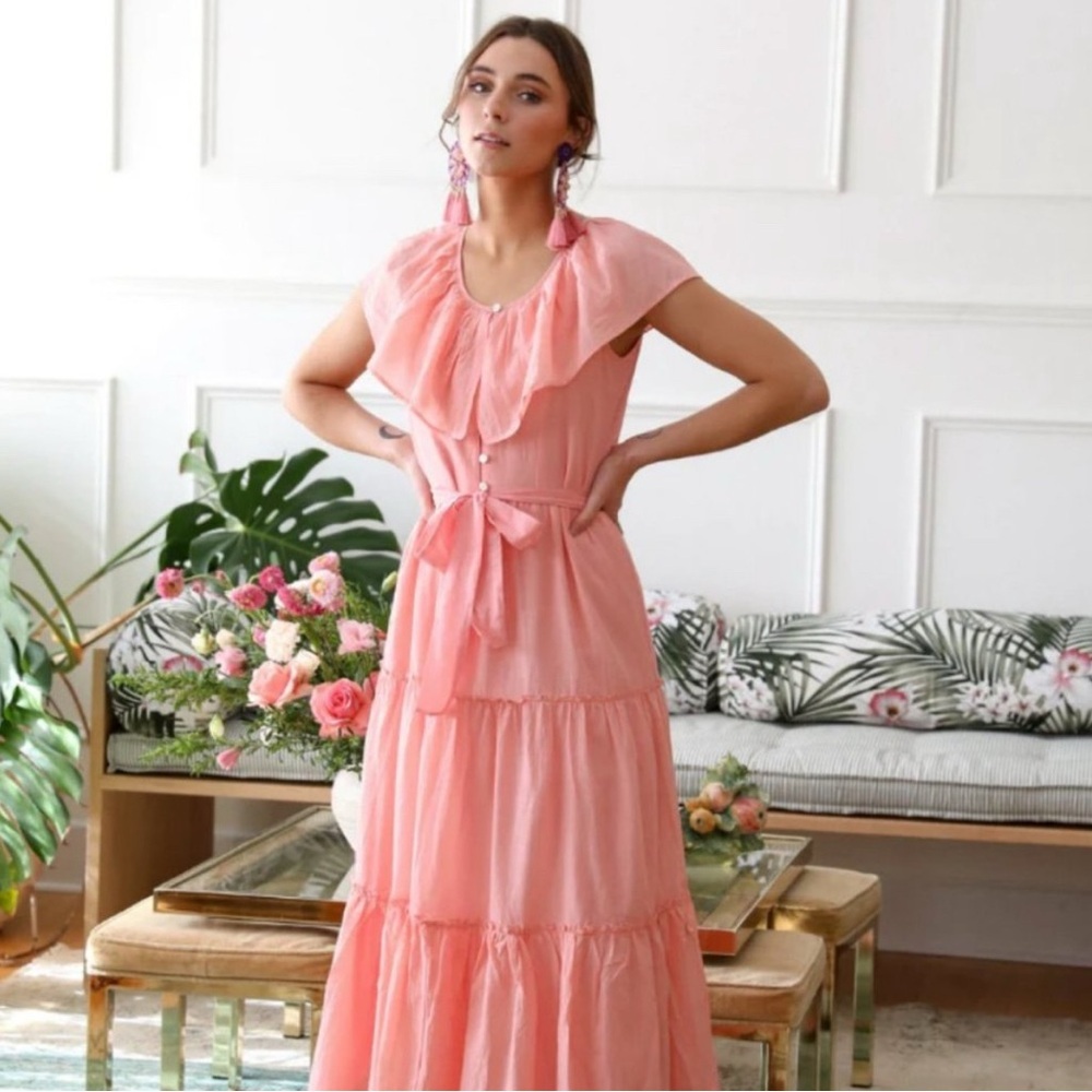 Mille Mira Midi Dress Women’s Size XS Tiered Ruffle‎ Belted Pockets Cotton Pink